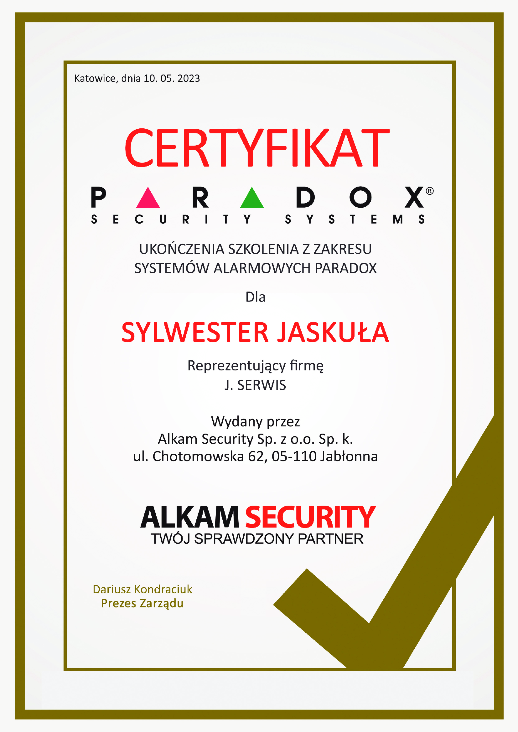 certyfikat szkolenia systemów alarmowych
