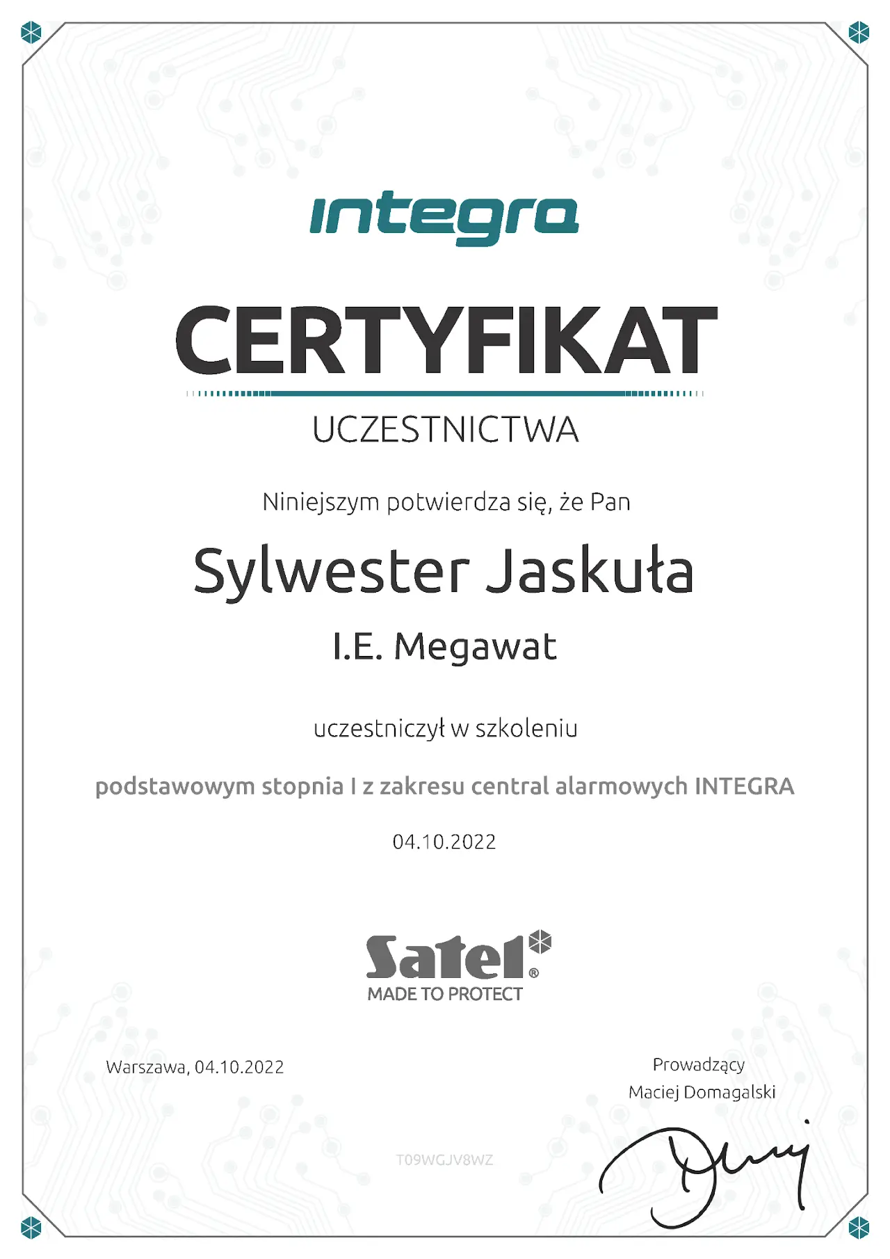 certyfikat z zakresu centrali alarmowych integra