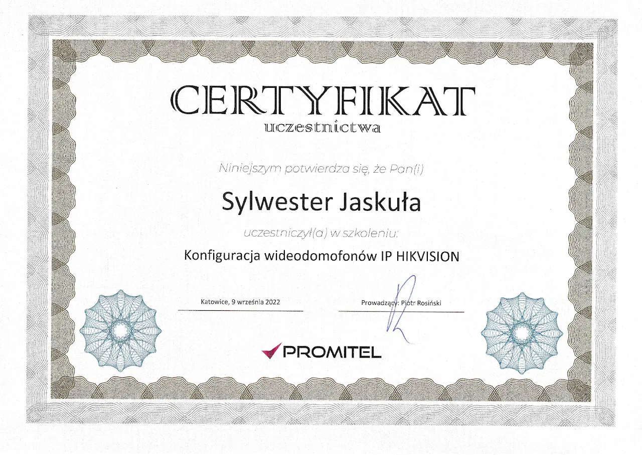 certyfikat z konfiguracji wideodomofonów IP HIKVISION