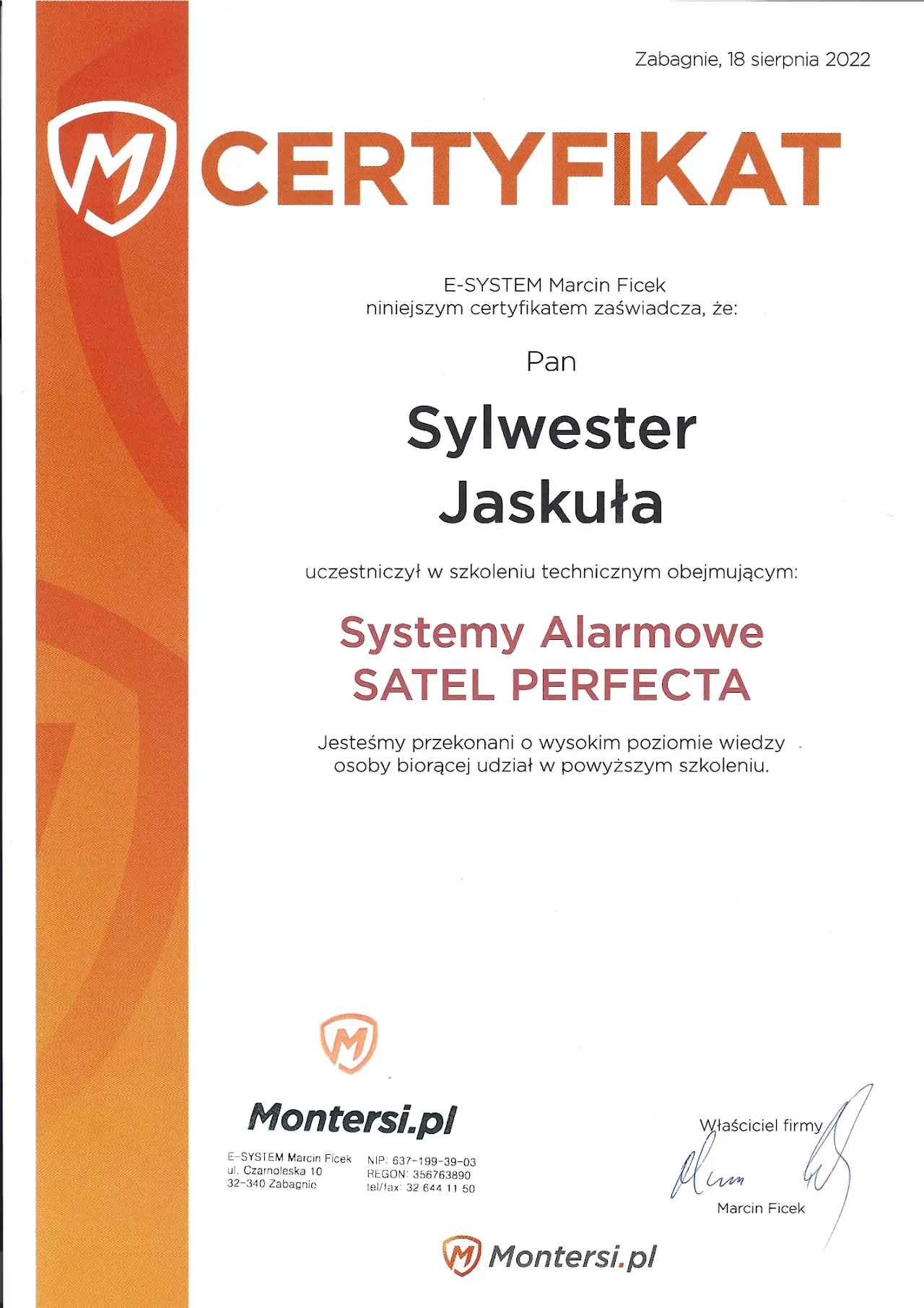 certyfikat z projektowania i montażu systemów alarmowych satel perfecta